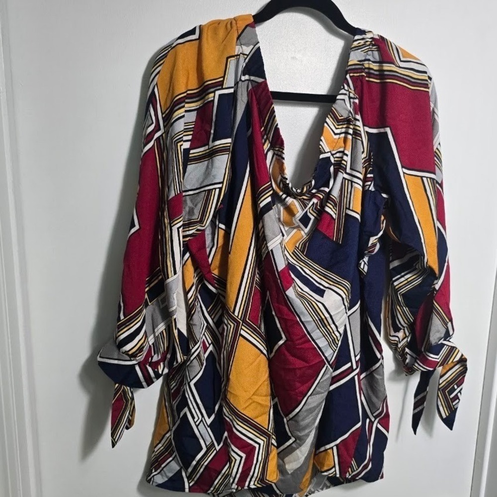 Ashley Stewart Plus Size Geometric Print Off Shoulder Tie Sleeve Blouse 26/28